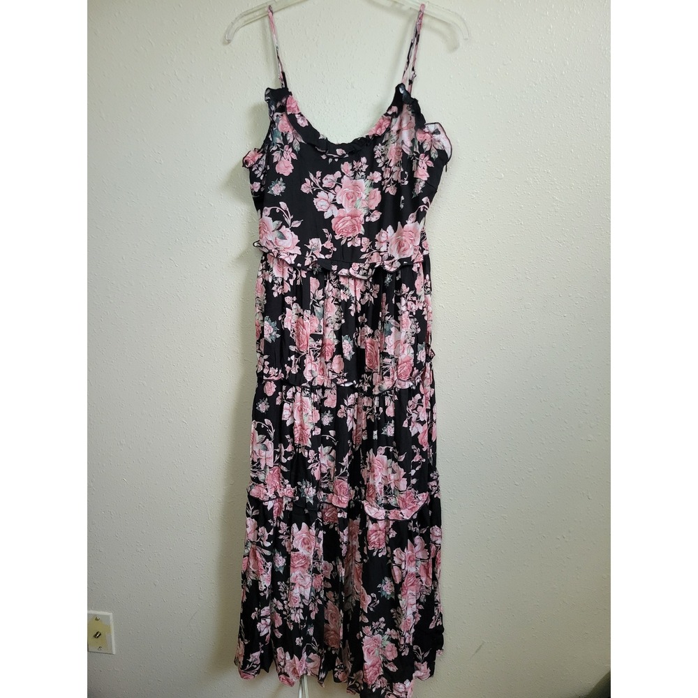 Inmod Los Angeles Black Pink Floral Tiered Ruffle Maxi Dress Medium NWT